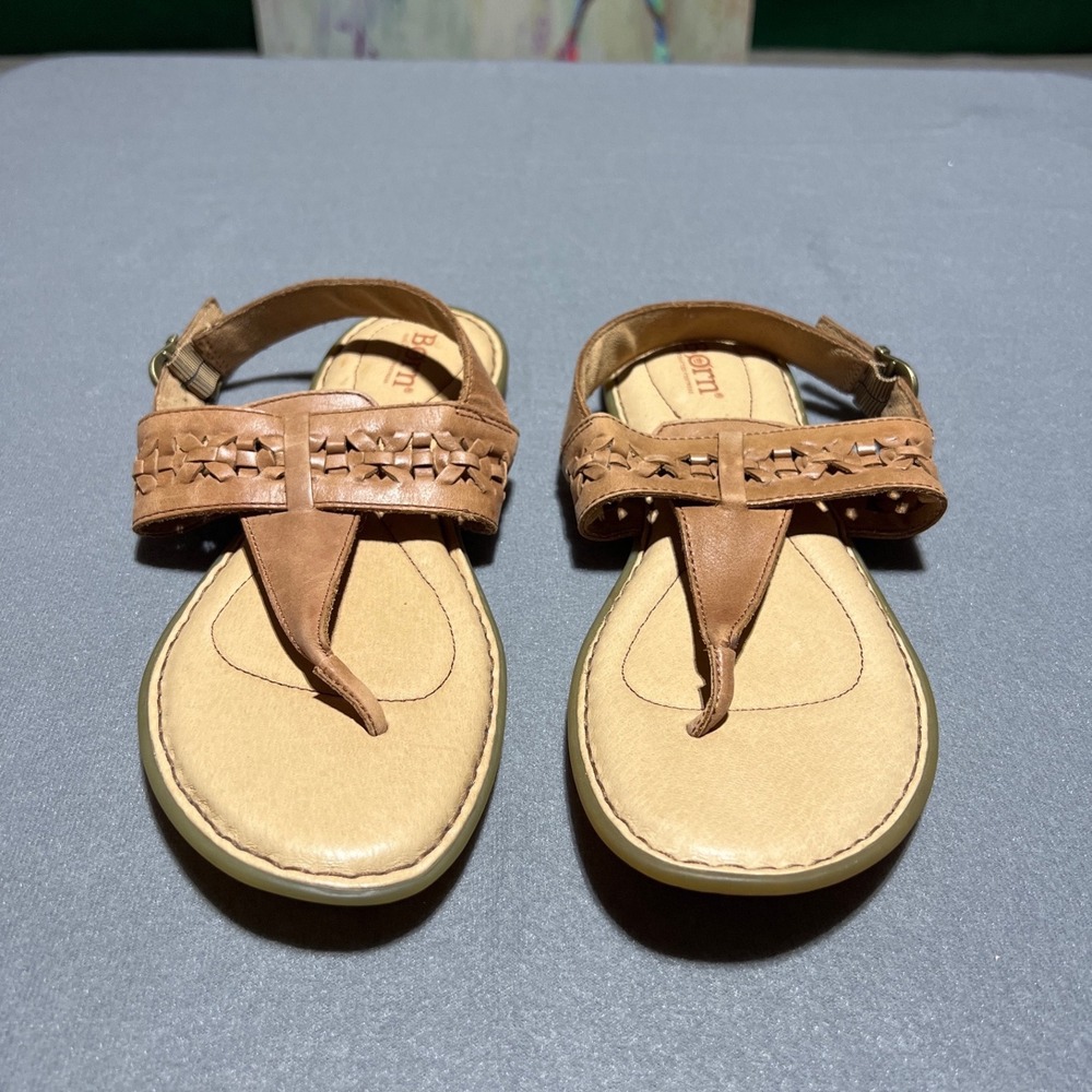 Born F66506 Tan Leather Woven Thong Slingback Flat Sandals Womens 10M